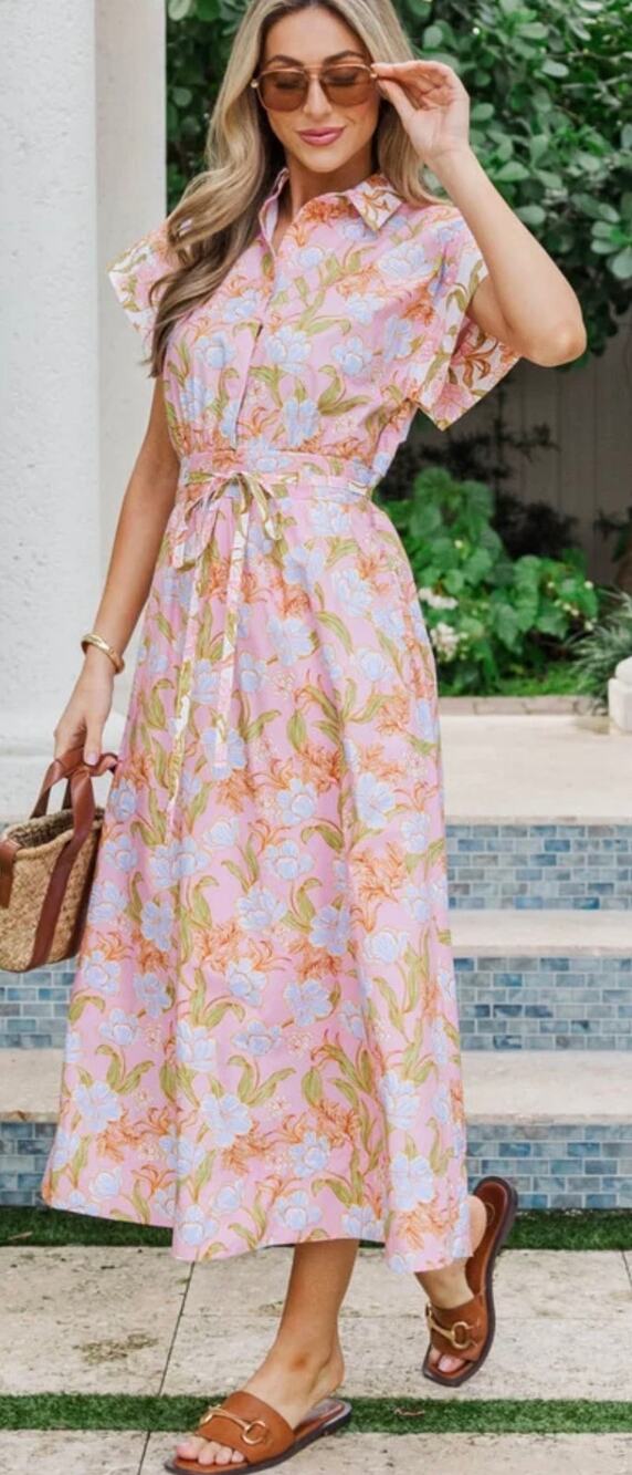 Strut & Bolt Midi Shirt Dress Pink Floral Block Print 100% Cotton NWT Medium